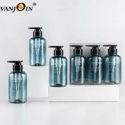 300ml 500ml Original design light brown green plastic shampoo and lotion bottle with 3 pieces travel set